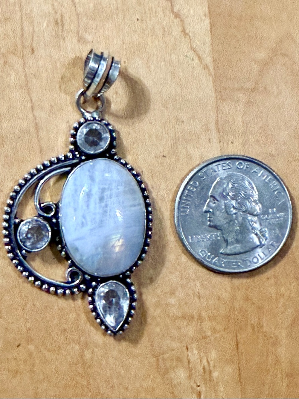 Rainbow Moonstone Pendant w/Clear Accent Stones - 925 Plated/Stamped
